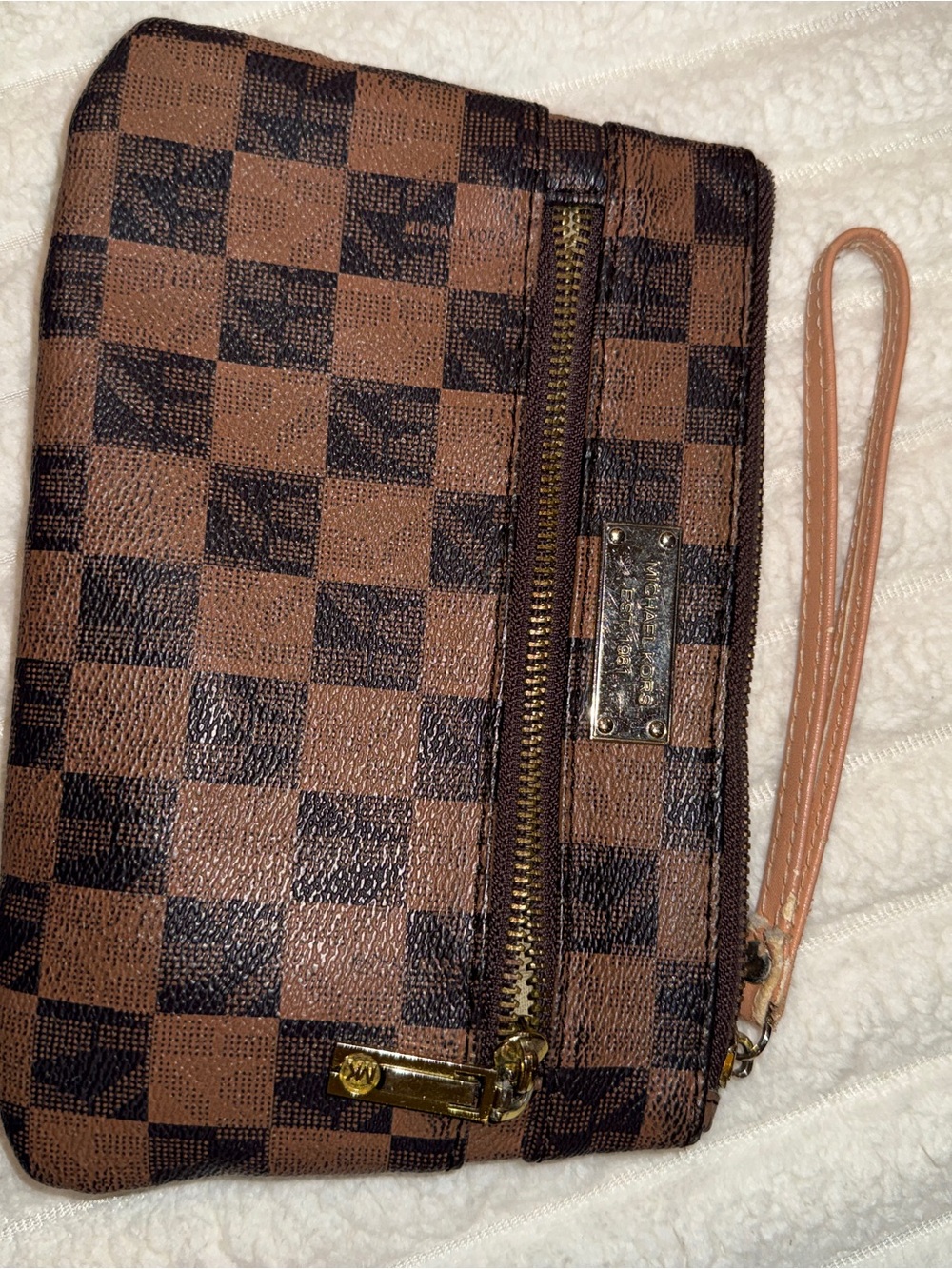 Michael Kors Check Logo Leather Zip Wristlet Wallet Strap Brown/Beige
